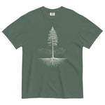 Pine tree and roots design on a Blue Spruce garment-dyed cotton t-shirt