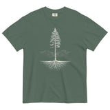 Pine tree and roots design on a Blue Spruce garment-dyed cotton t-shirt