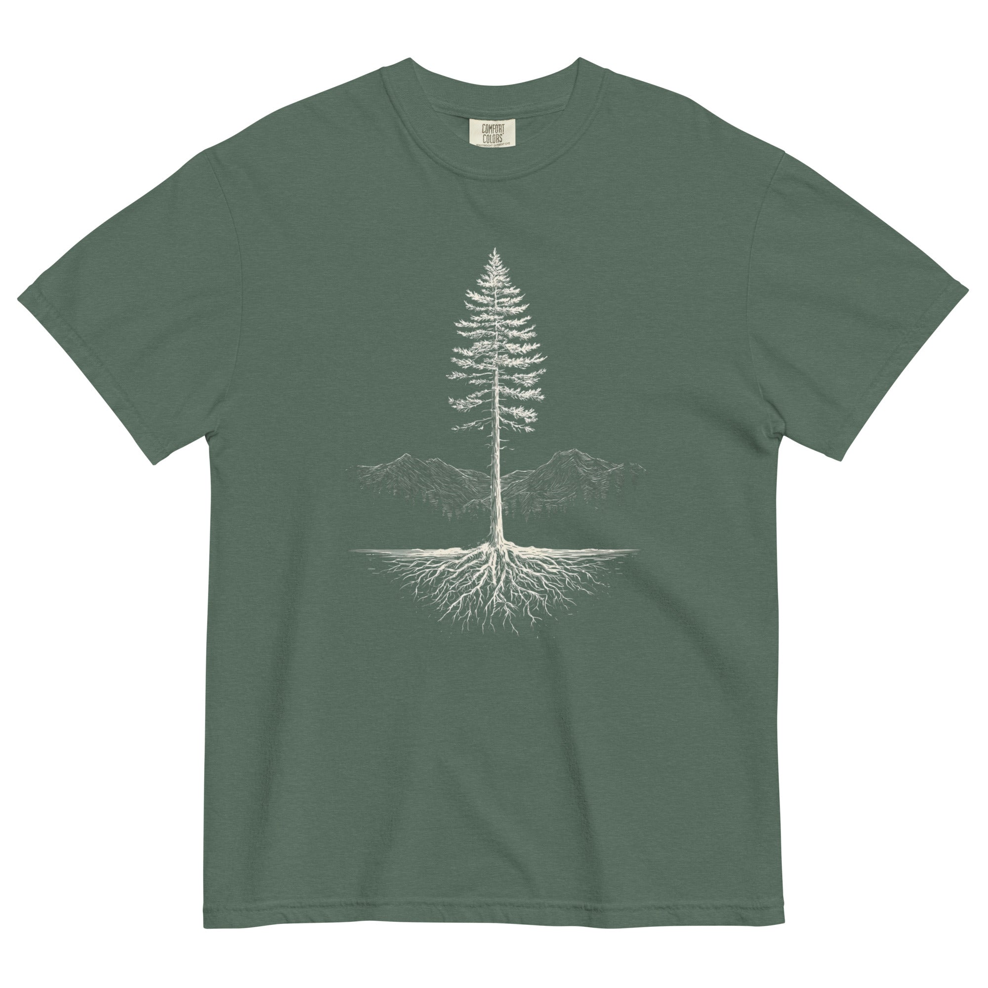 Pine tree and roots design on a Blue Spruce garment-dyed cotton t-shirt