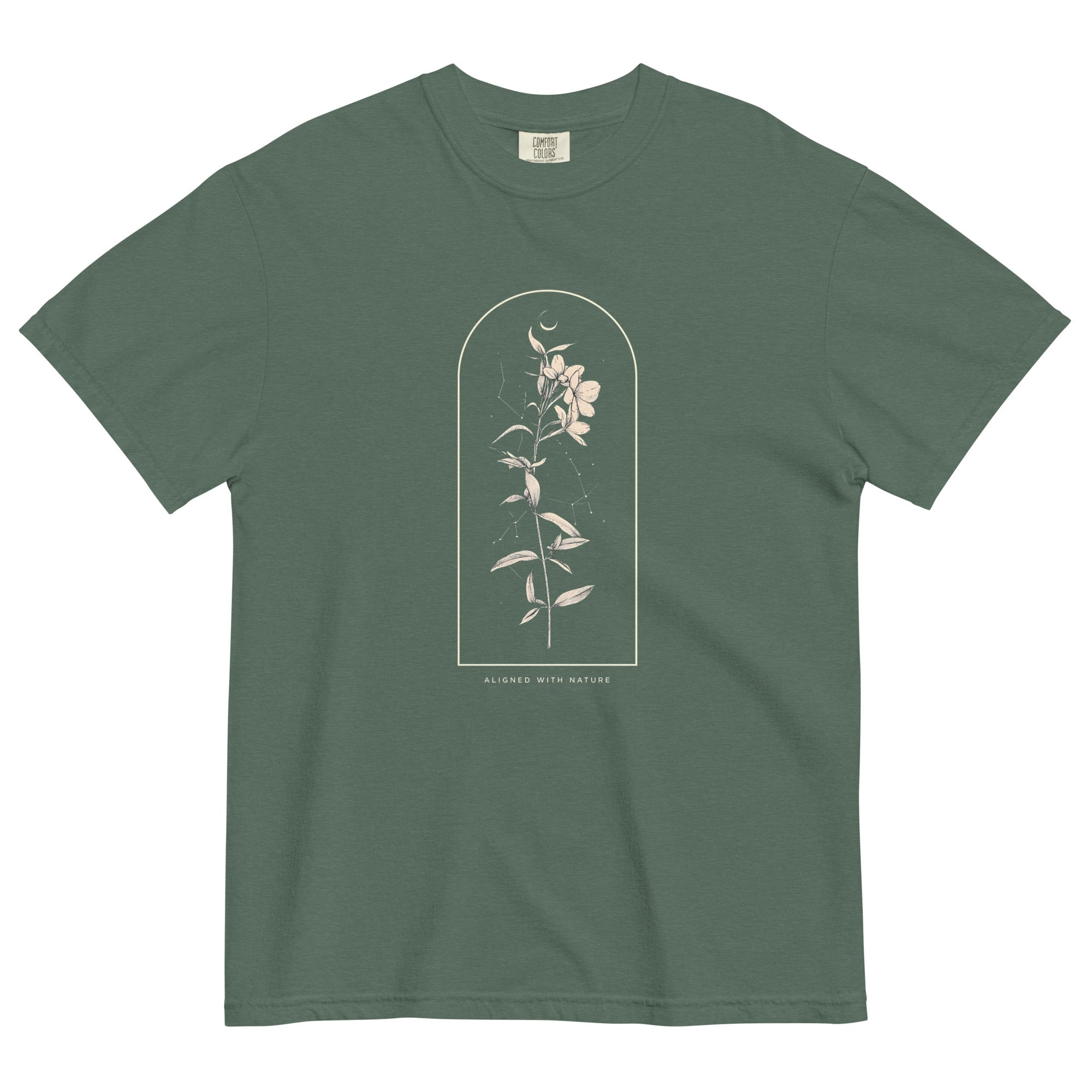 Wildflower and constellation design on a Blue Spruce garment-dyed cotton t-shirt