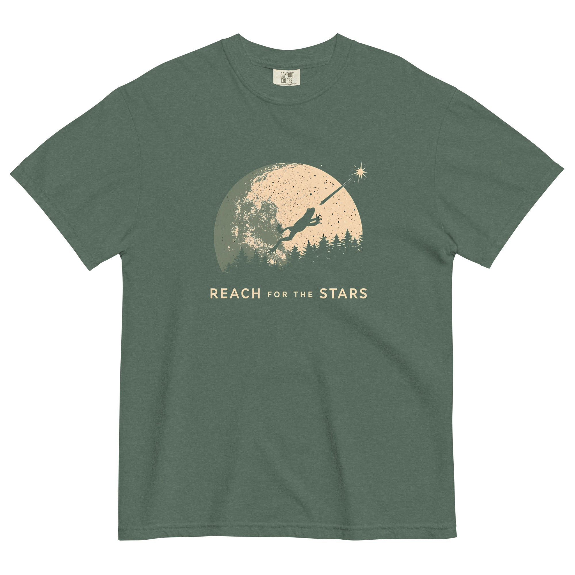 Frog and full moon design on a Blue Spruce garment-dyed cotton t-shirt