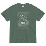 Sleeping fox and ancient tree design on a Blue Spruce garment-dyed cotton t-shirt