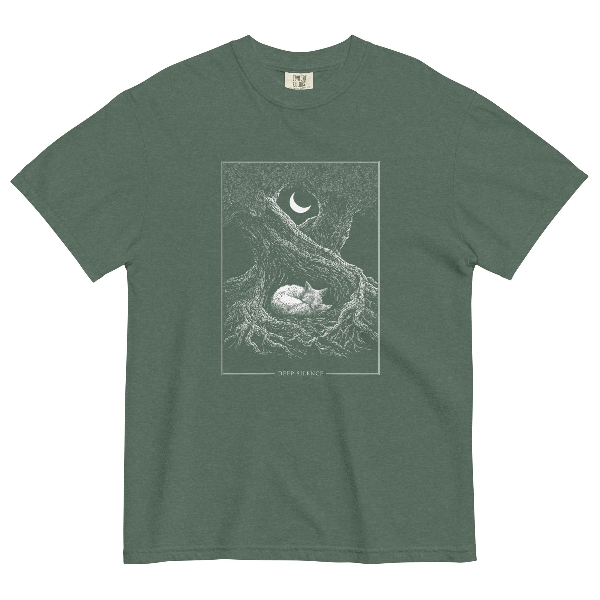 Sleeping fox and ancient tree design on a Blue Spruce garment-dyed cotton t-shirt