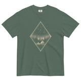 Camping tent and starfield design on a Blue Spruce garment-dyed cotton t-shirt