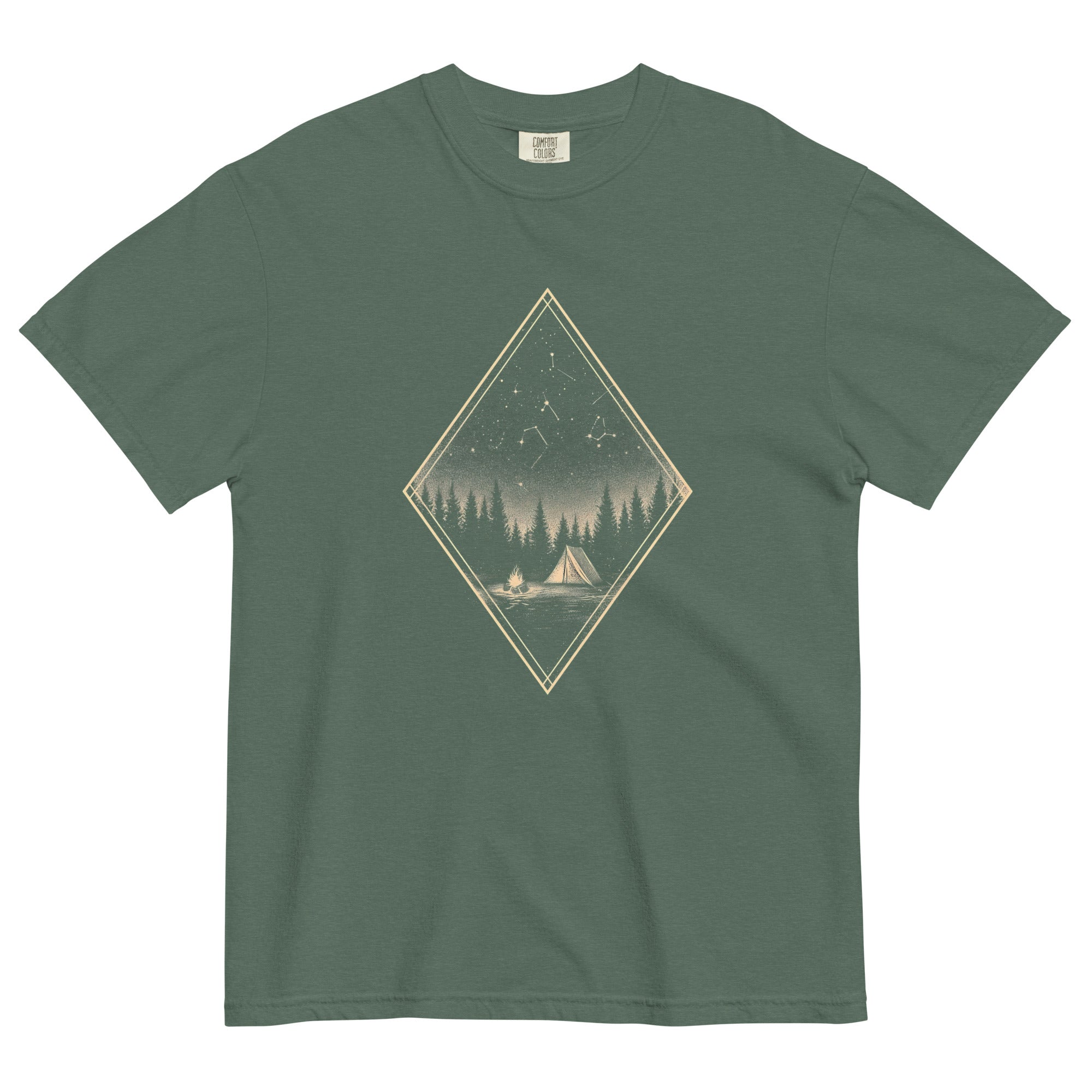 Camping tent and starfield design on a Blue Spruce garment-dyed cotton t-shirt
