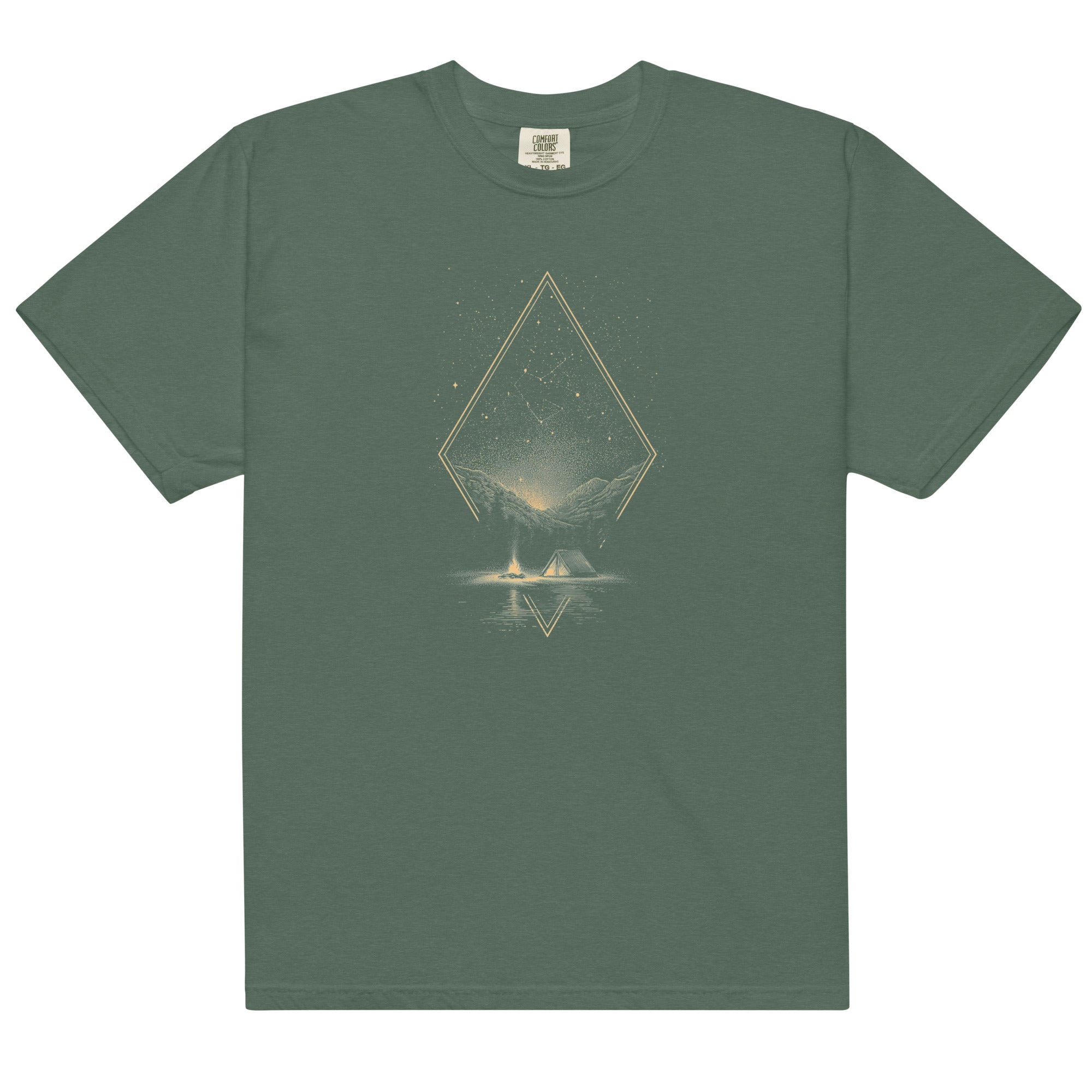 Camping under the stars design on a Blue Spruce garment-dyed cotton t-shirt