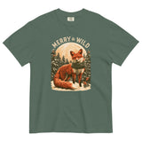 Fox in the snow Christmas design on a Blue Spruce garment-dyed cotton t-shirt