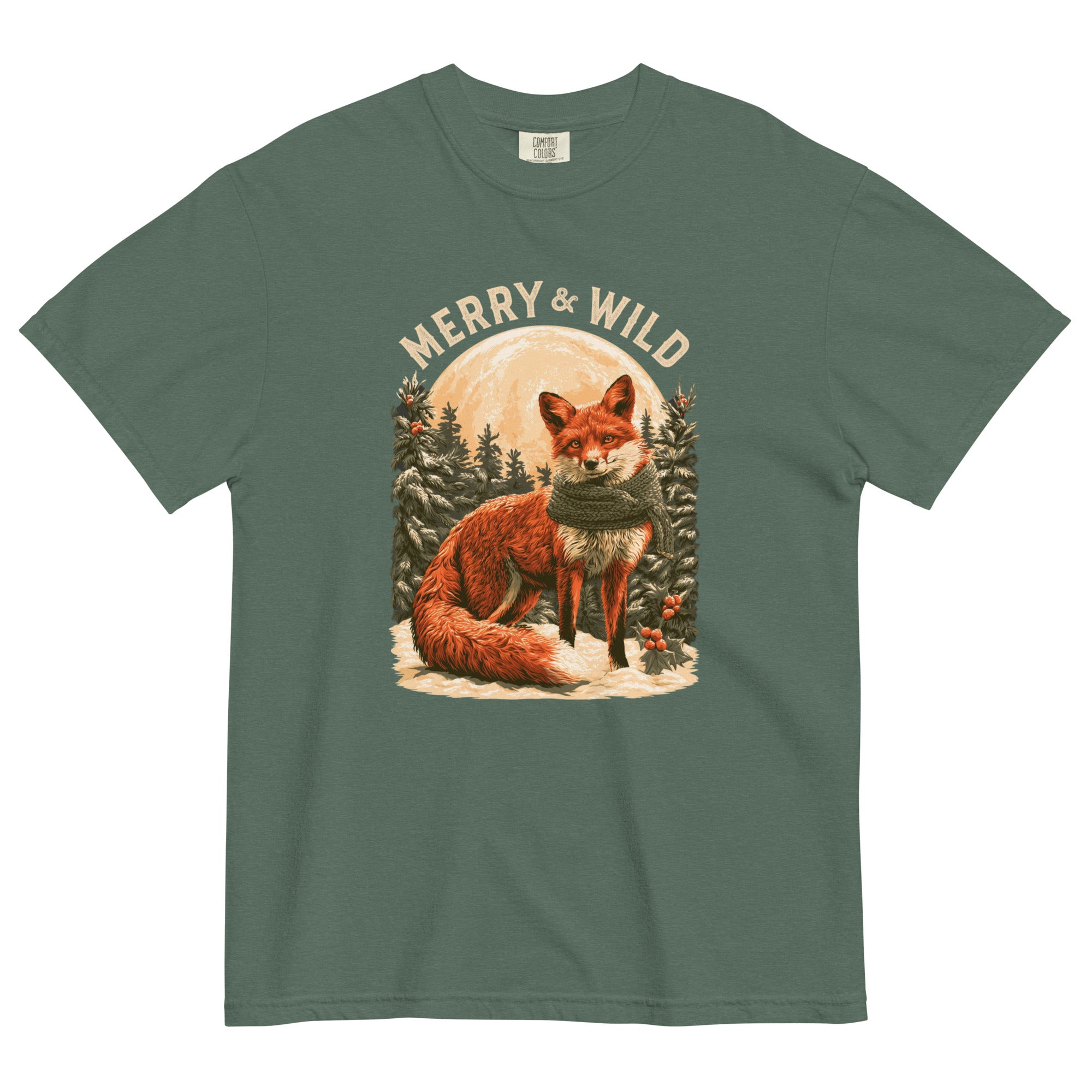 Fox in the snow Christmas design on a Blue Spruce garment-dyed cotton t-shirt