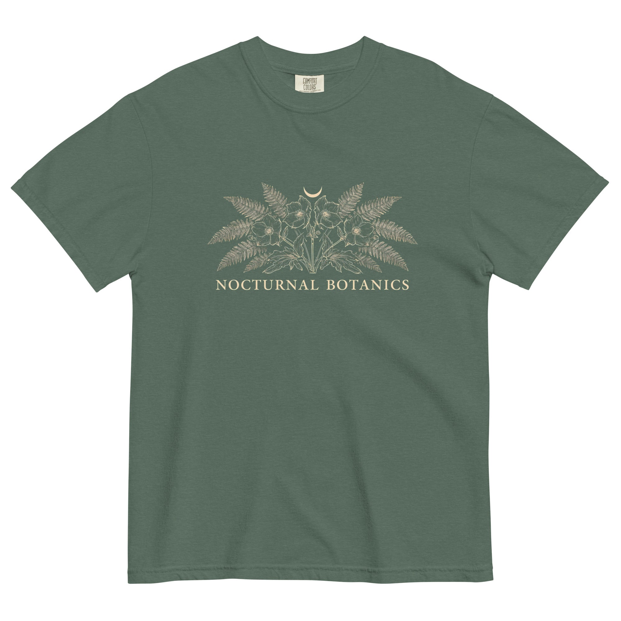 Nocturnal Botanics fern and flower design on a Blue Spruce garment-dyed cotton t-shirt
