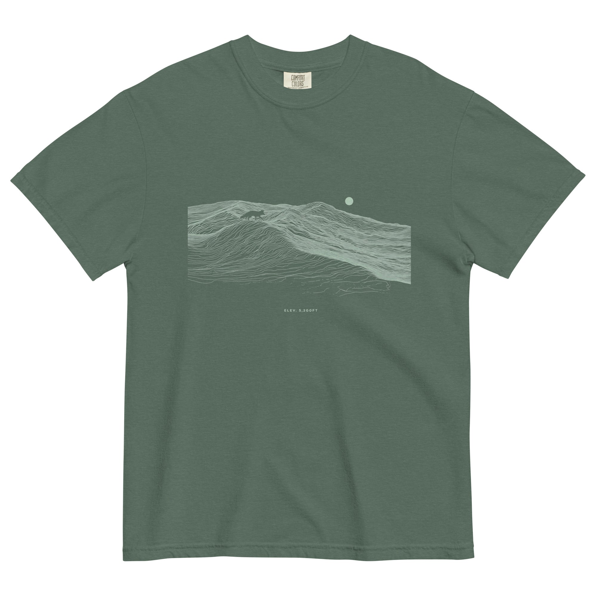 Fox on the ridge topographic design on a Blue Spruce garment-dyed cotton t-shirt