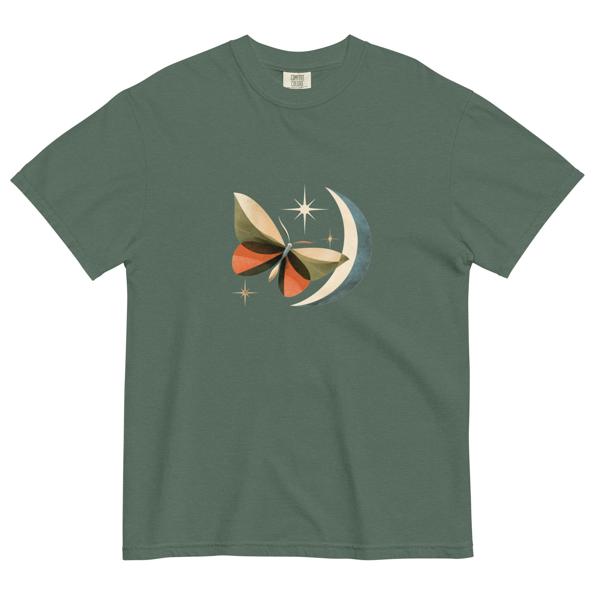 Butterfly and crescent moon design on a Blue Spruce garment-dyed cotton t-shirt