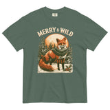 Fox in scarf Christmas design on a Blue Spruce garment-dyed cotton t-shirt