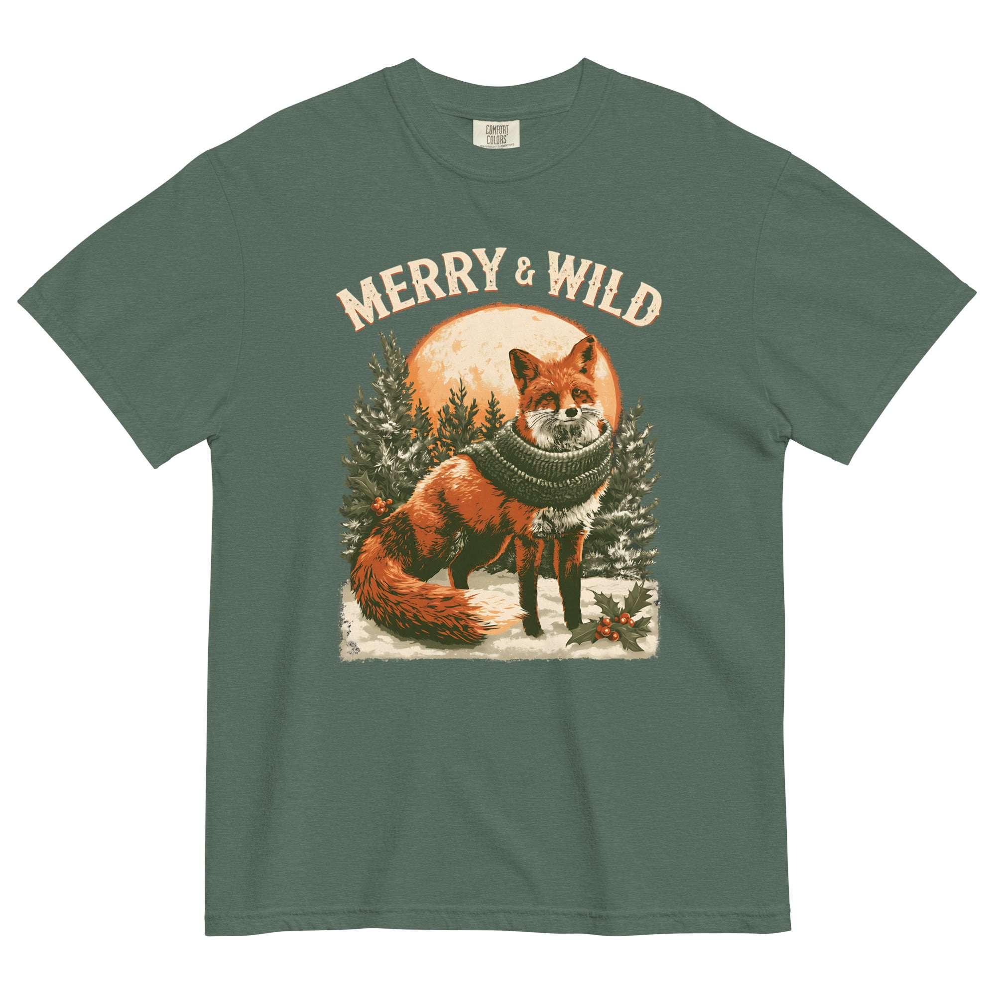 Fox in scarf Christmas design on a Blue Spruce garment-dyed cotton t-shirt