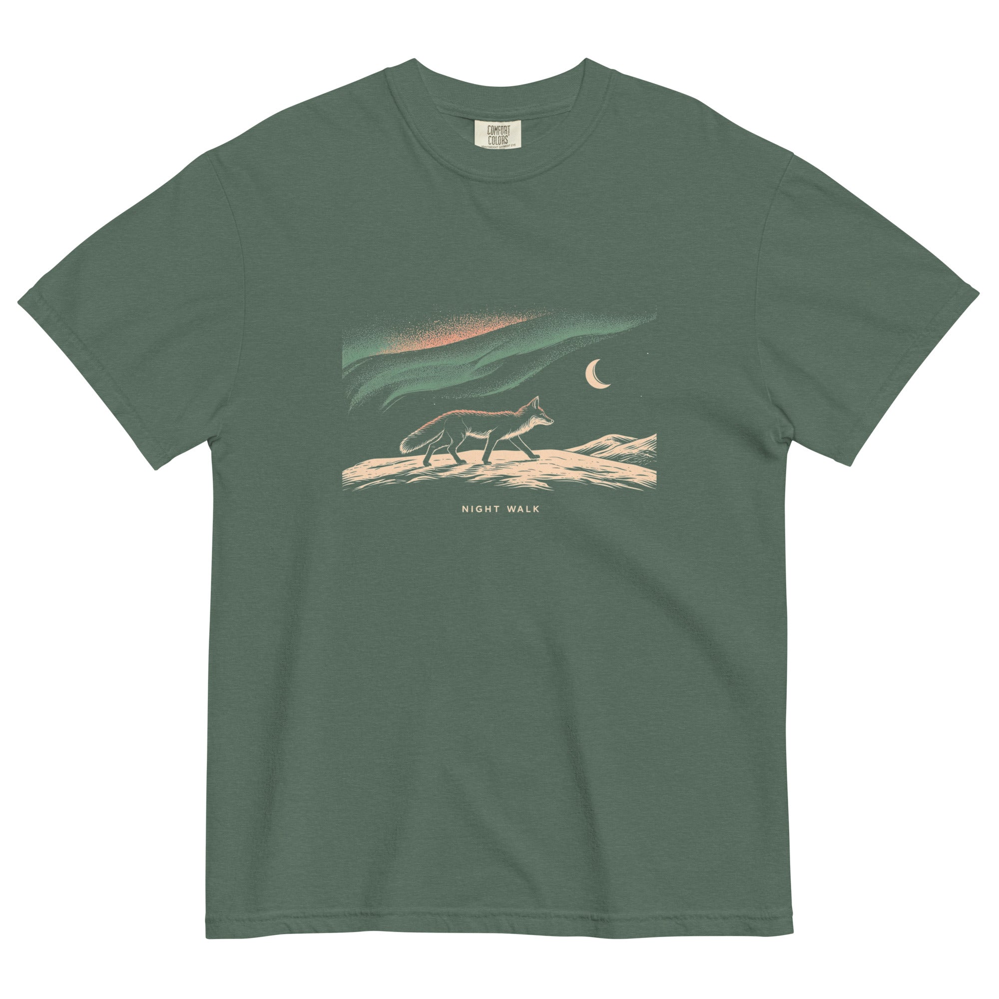 Fox and northern lights design on a Blue Spruce garment-dyed cotton t-shirt