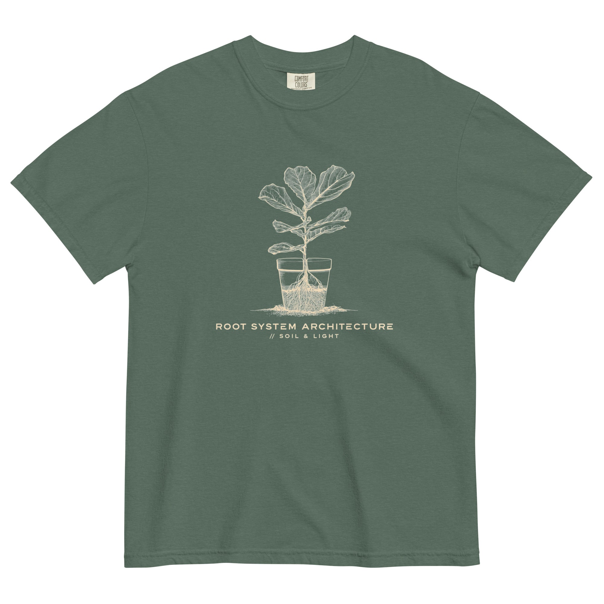 Root system architecture plant design on a Blue Spruce garment-dyed cotton t-shirt