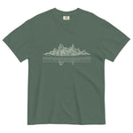 Mountain lake reflection design on a Blue Spruce garment-dyed cotton t-shirt