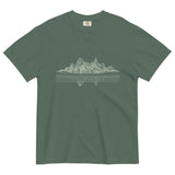Mountain lake reflection design on a Blue Spruce garment-dyed cotton t-shirt