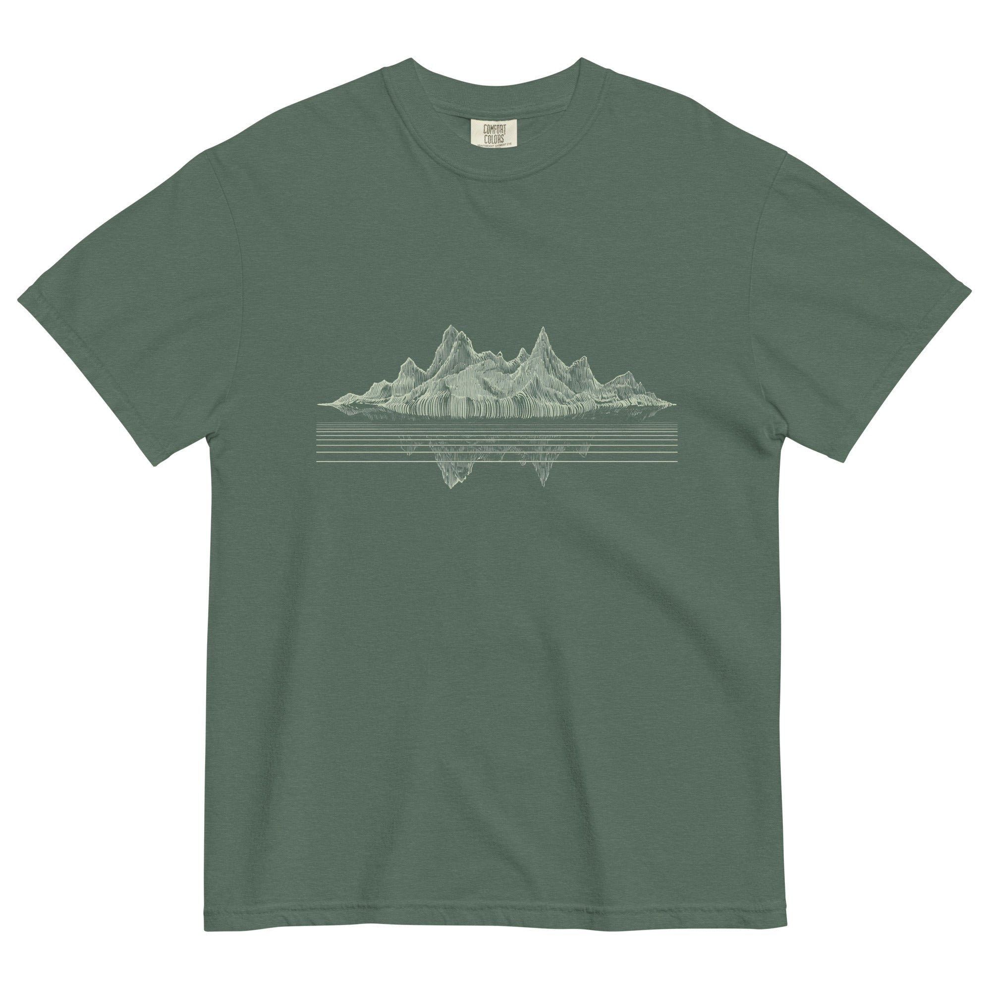 Mountain lake reflection design on a Blue Spruce garment-dyed cotton t-shirt