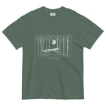 Running fox moonlit forest design on a Blue Spruce garment-dyed cotton t-shirt