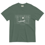 Running fox moonlit forest design on a Blue Spruce garment-dyed cotton t-shirt