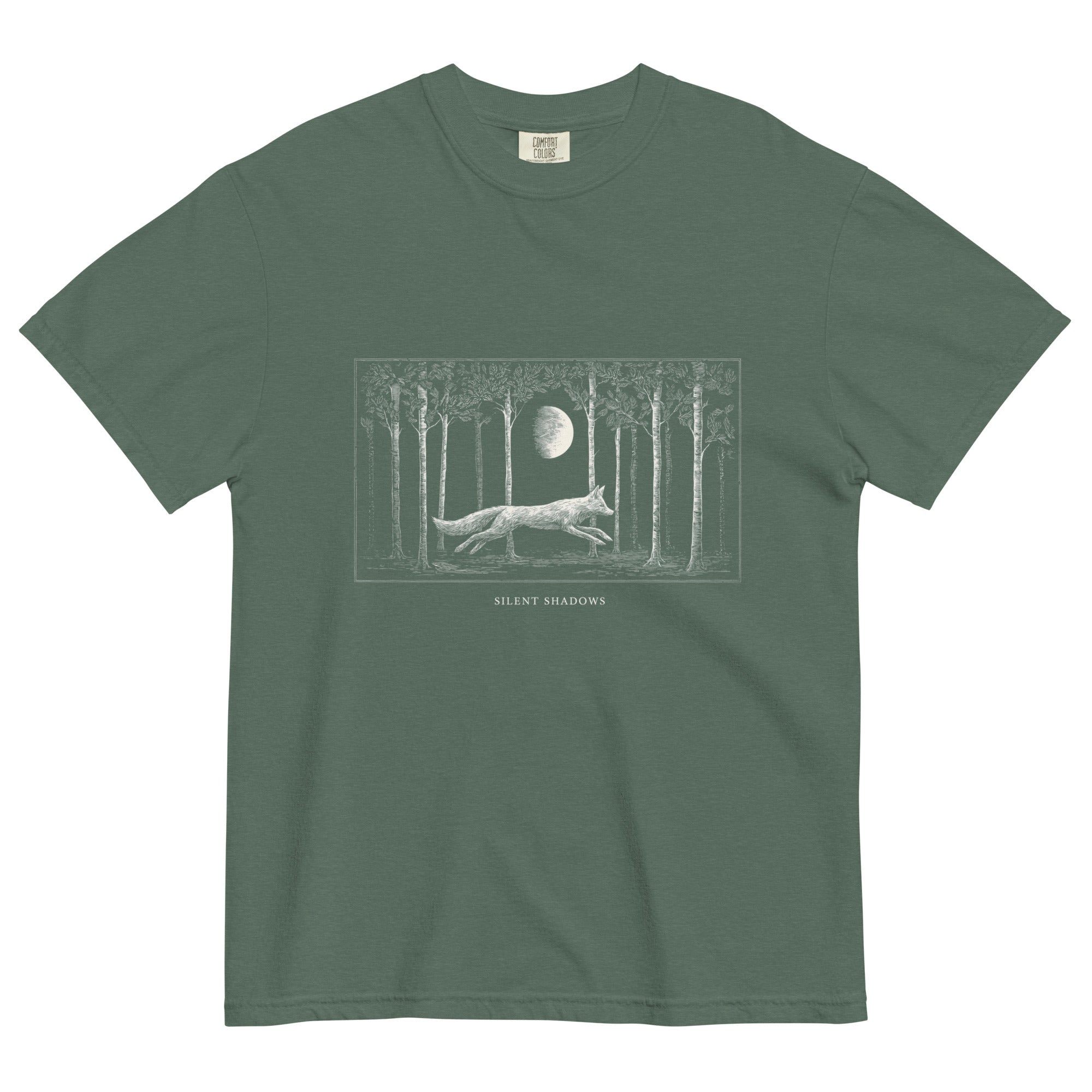 Running fox moonlit forest design on a Blue Spruce garment-dyed cotton t-shirt