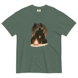 Bear and campfire design on a Blue Spruce garment-dyed cotton t-shirt