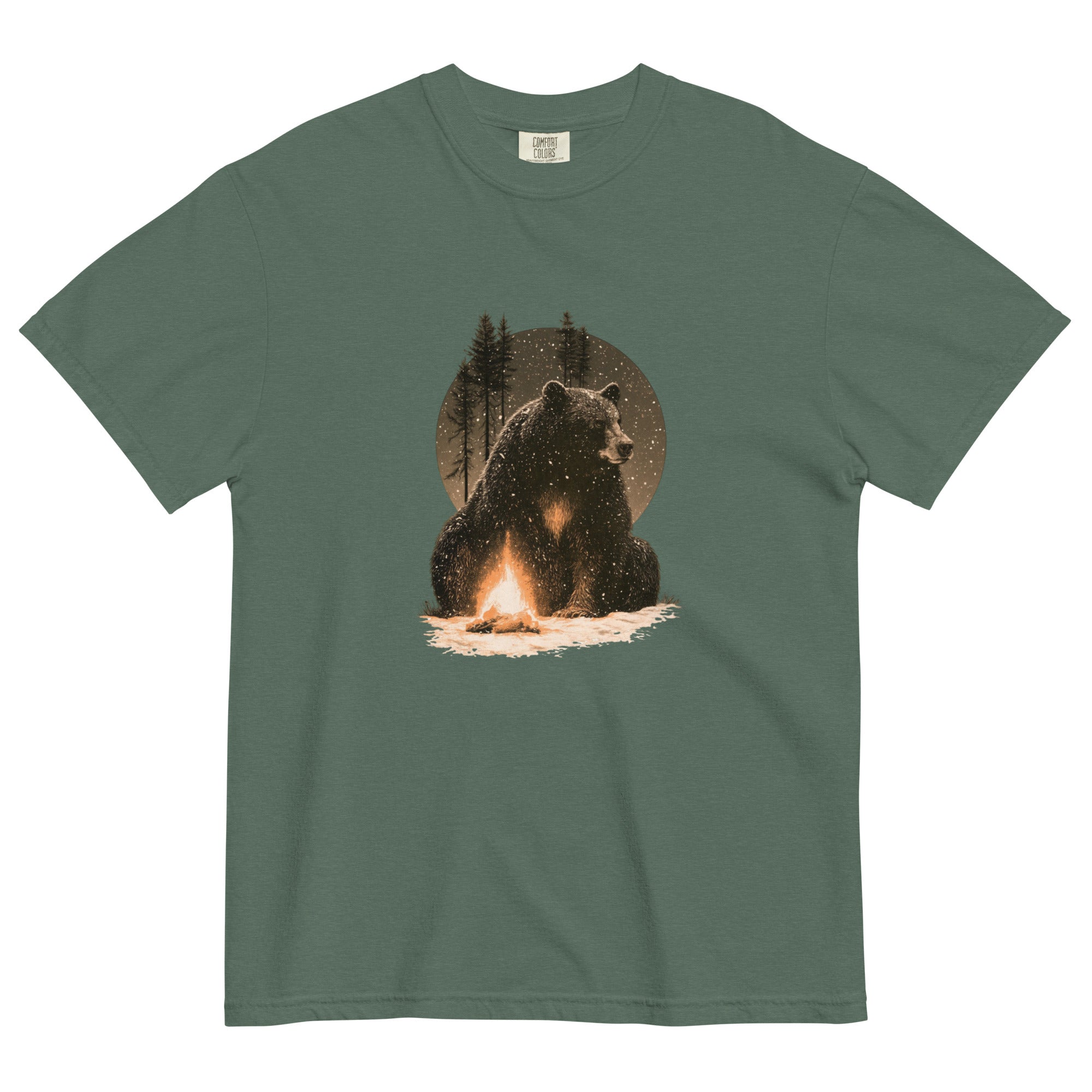 Bear and campfire design on a Blue Spruce garment-dyed cotton t-shirt