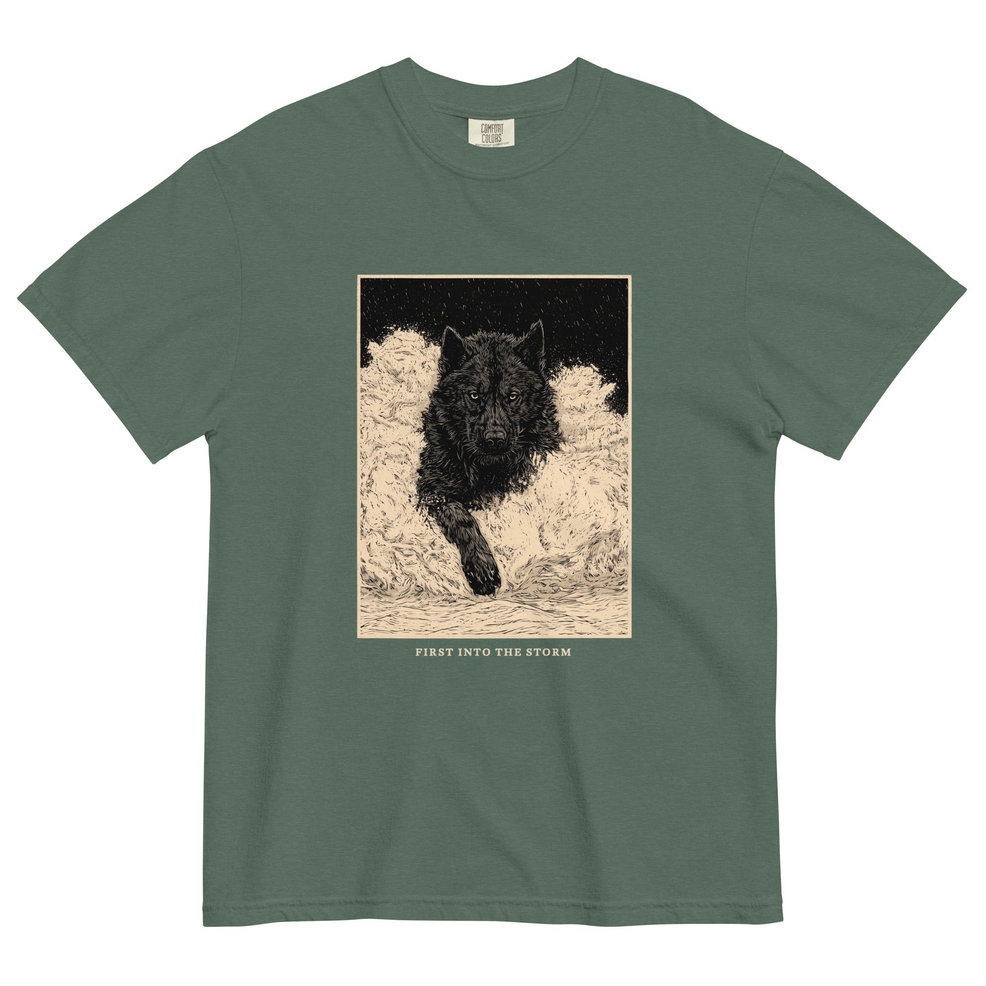 Black wolf in deep snow design on a Blue Spruce garment-dyed cotton t-shirt