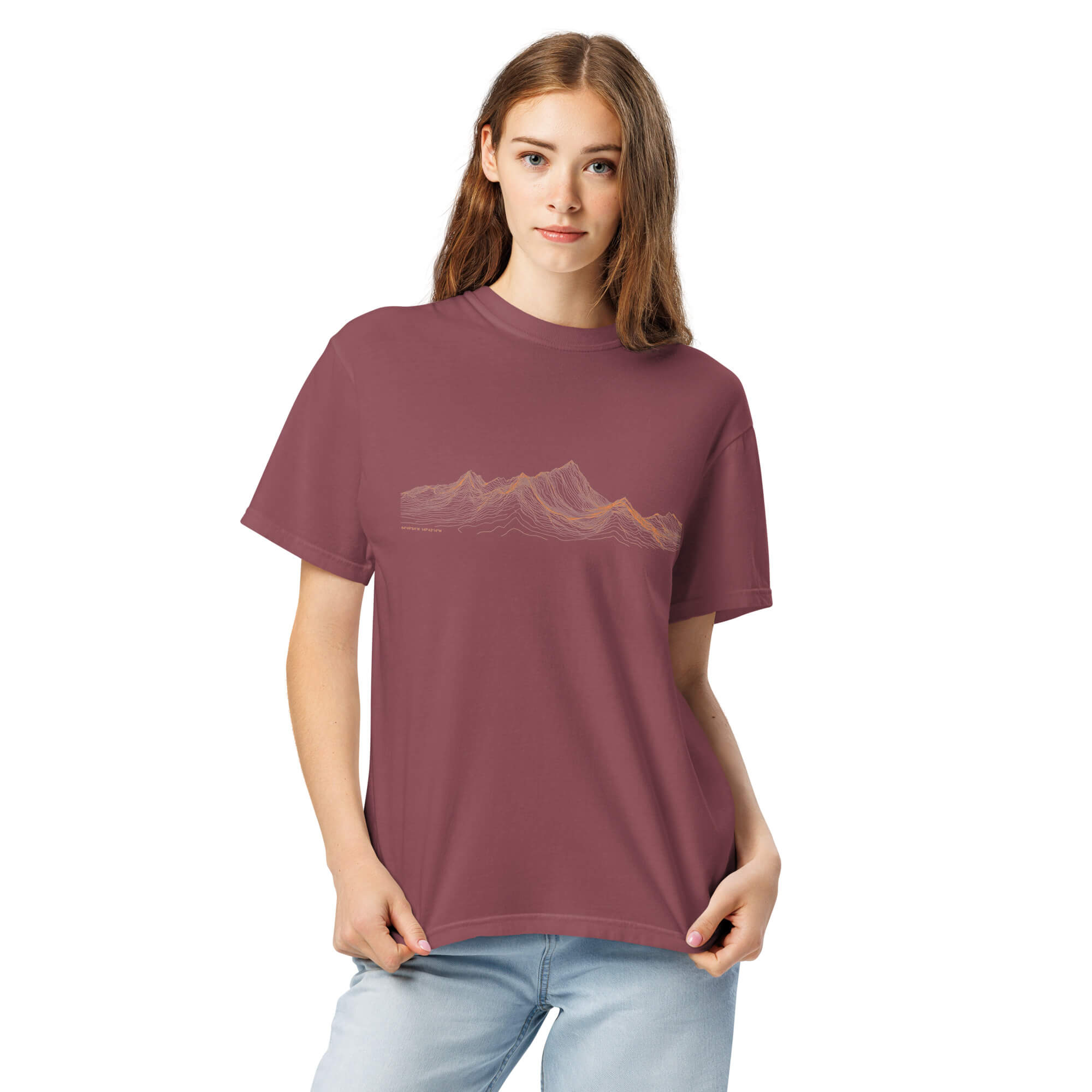 Mountain range topographic design on a Brick garment-dyed cotton t-shirt