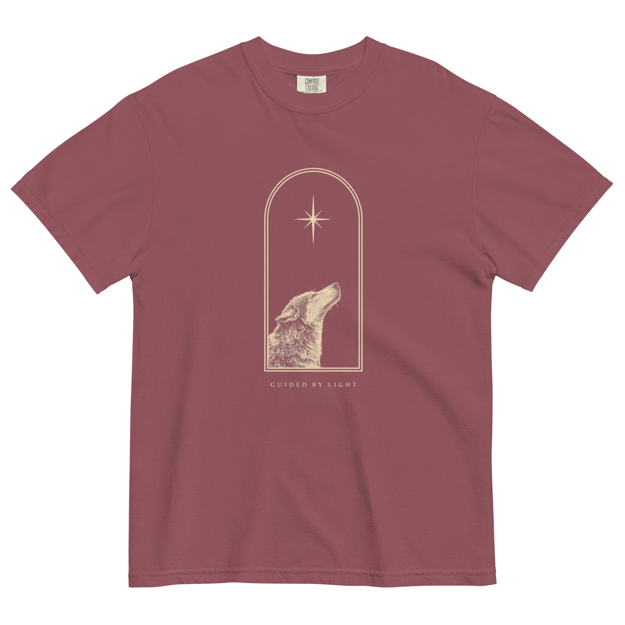 Wolf and star design on a Brick garment-dyed cotton t-shirt