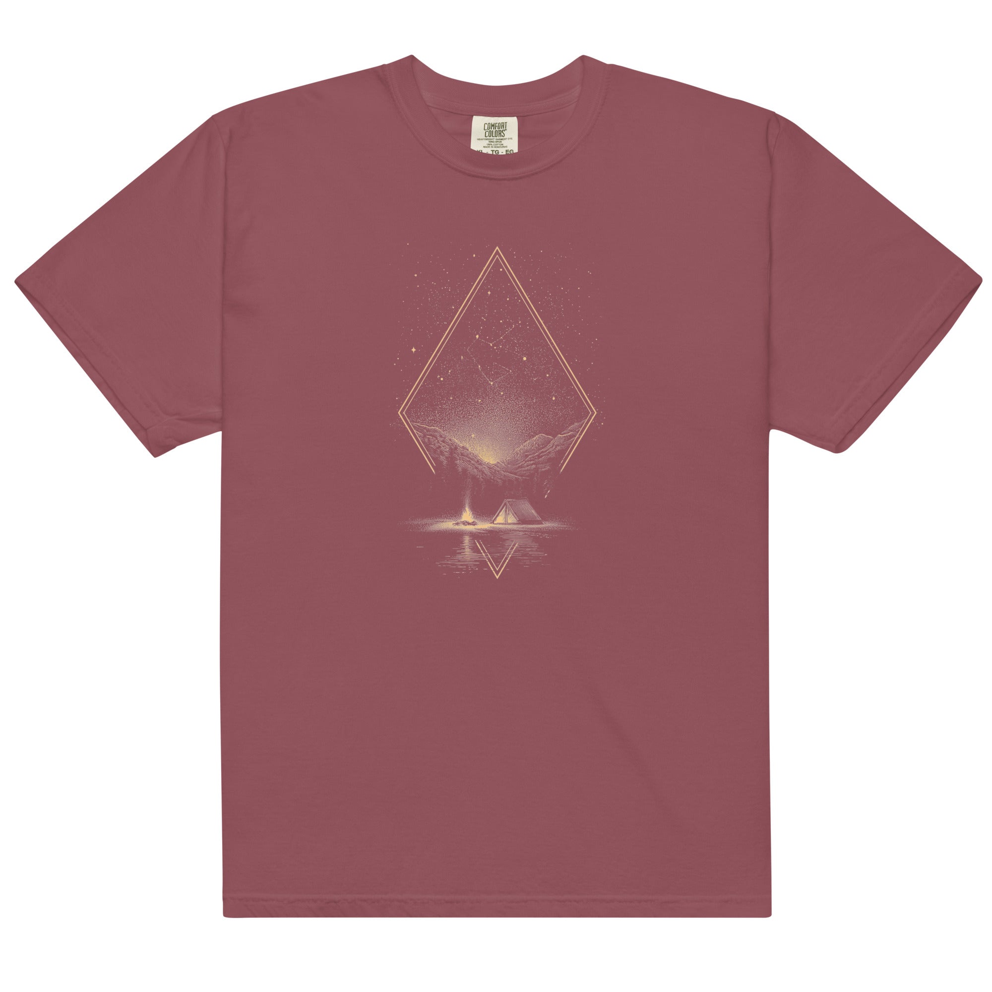 Camping under the stars design on a Brick garment-dyed cotton t-shirt