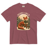 Fox in the snow Christmas design on a Brick garment-dyed cotton t-shirt