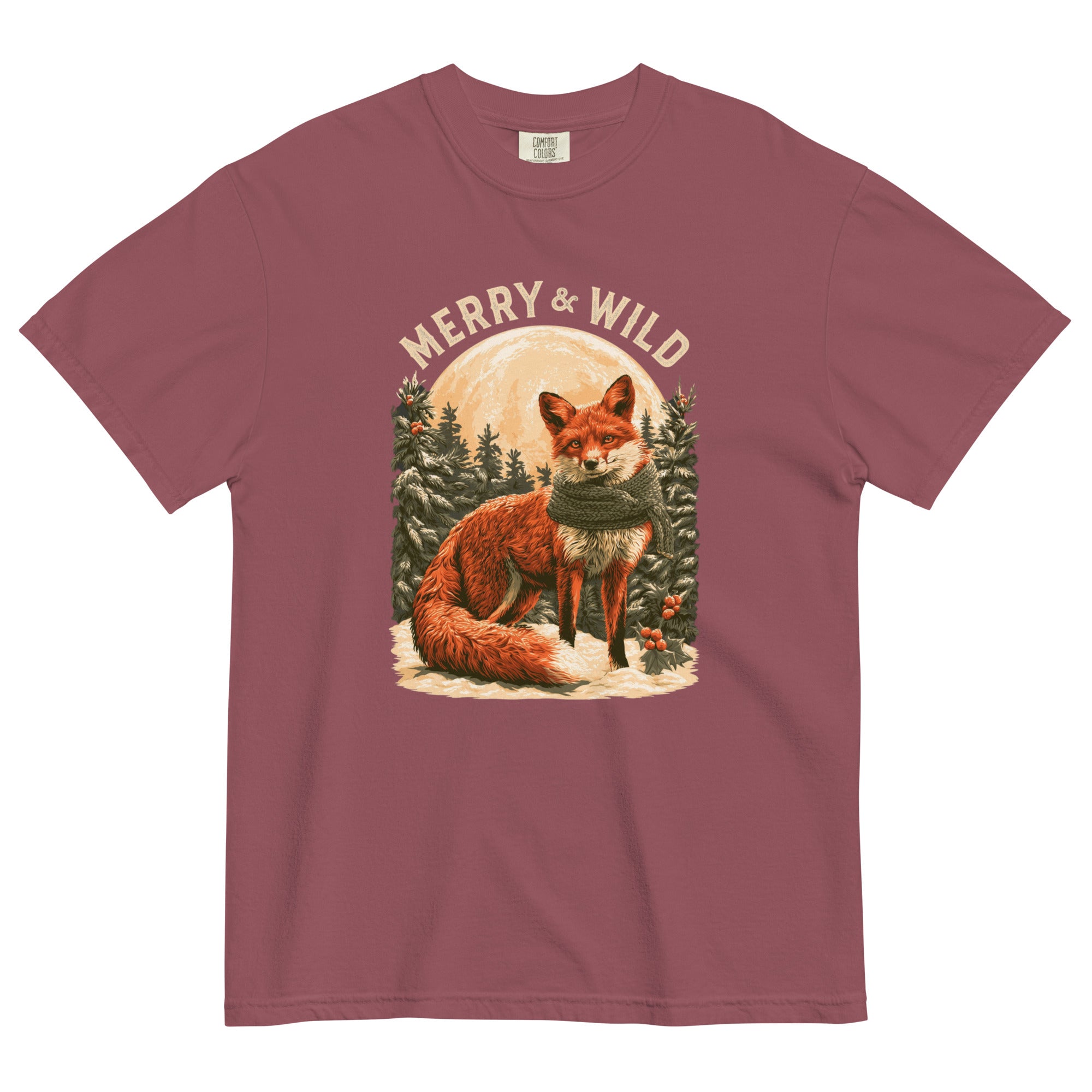 Fox in the snow Christmas design on a Brick garment-dyed cotton t-shirt