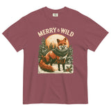 Fox in scarf Christmas design on a Brick garment-dyed cotton t-shirt