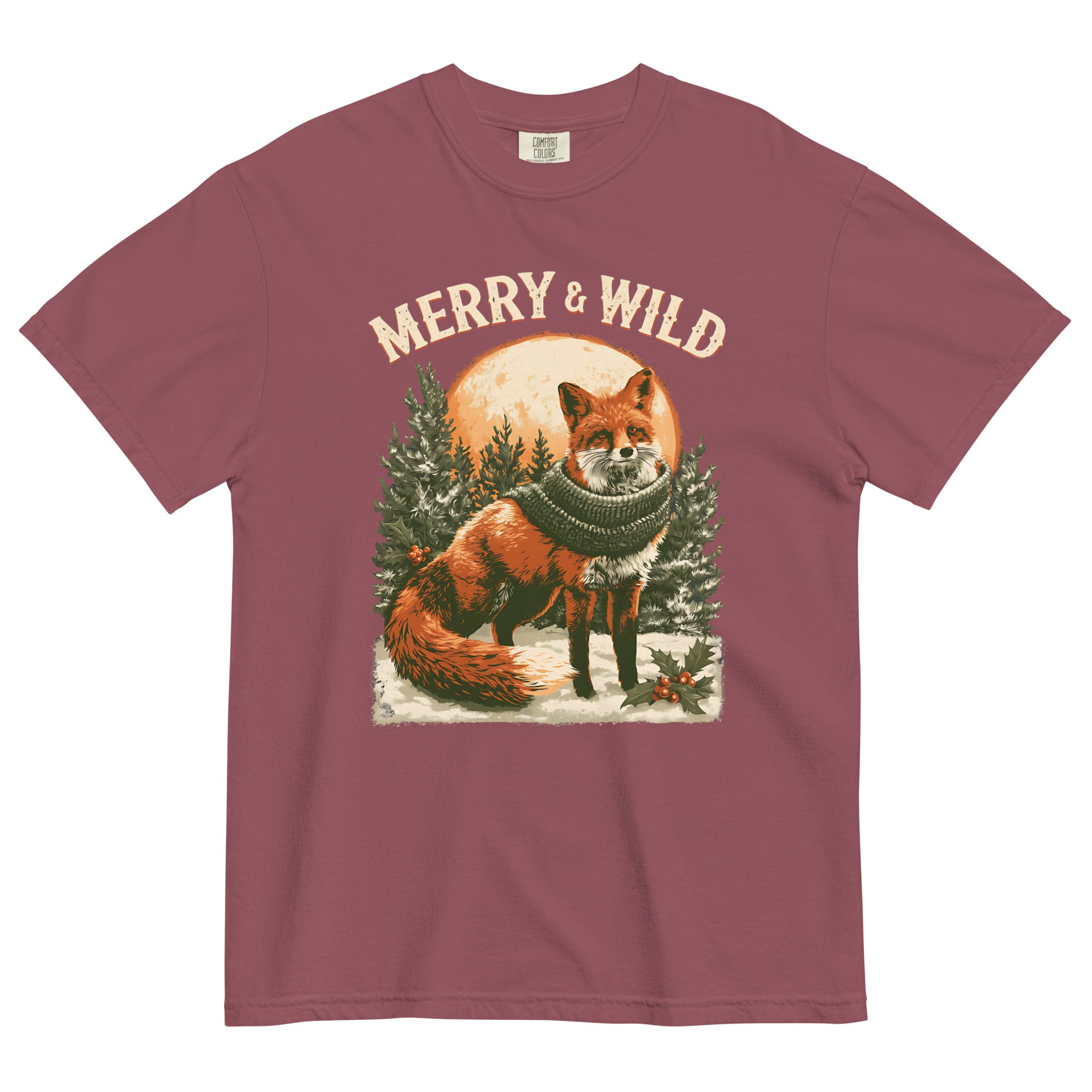 Fox in scarf Christmas design on a Brick garment-dyed cotton t-shirt