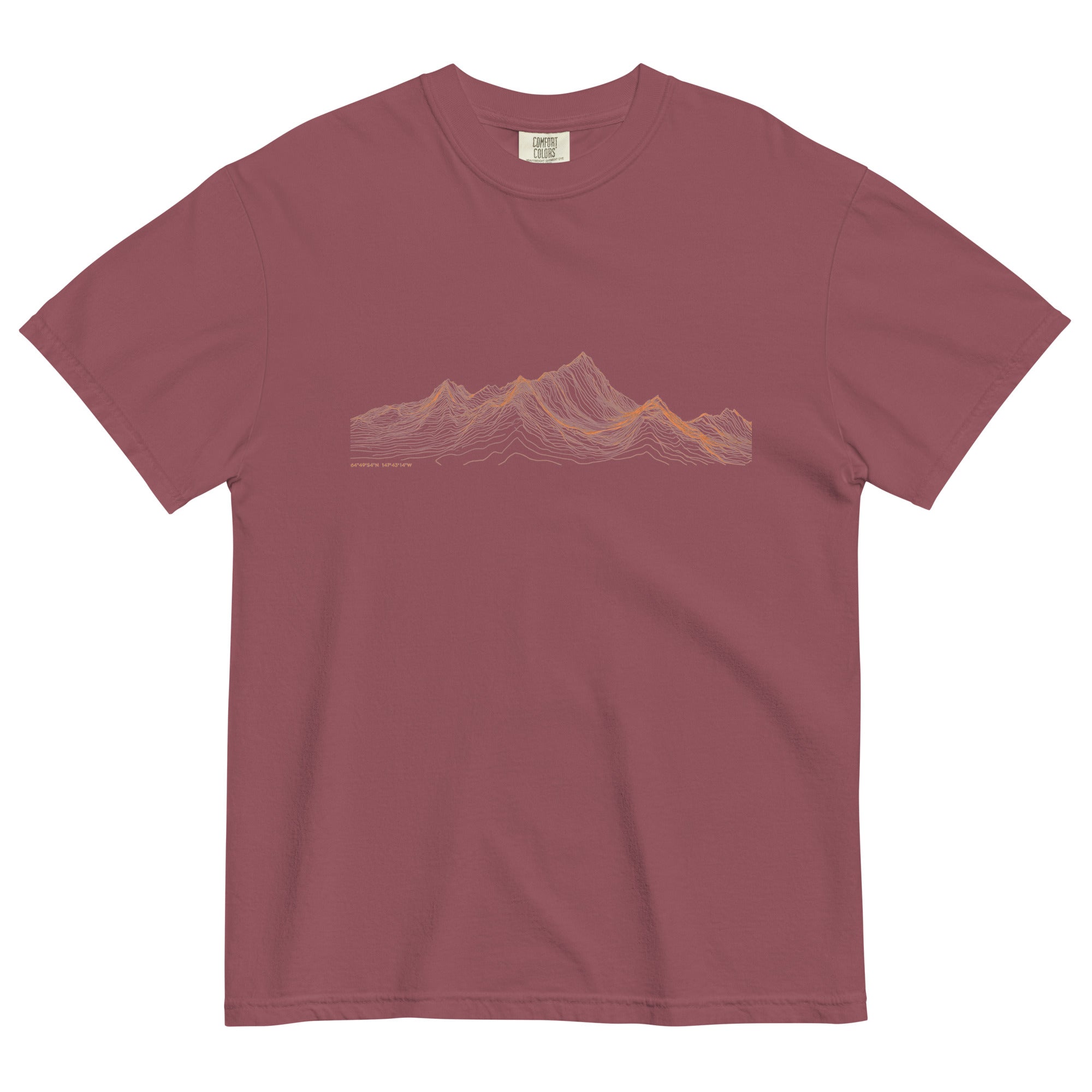 Mountain range topographic design on a Brick garment-dyed cotton t-shirt