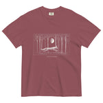 Running fox moonlit forest design on a Brick garment-dyed cotton t-shirt