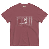 Running fox moonlit forest design on a Brick garment-dyed cotton t-shirt
