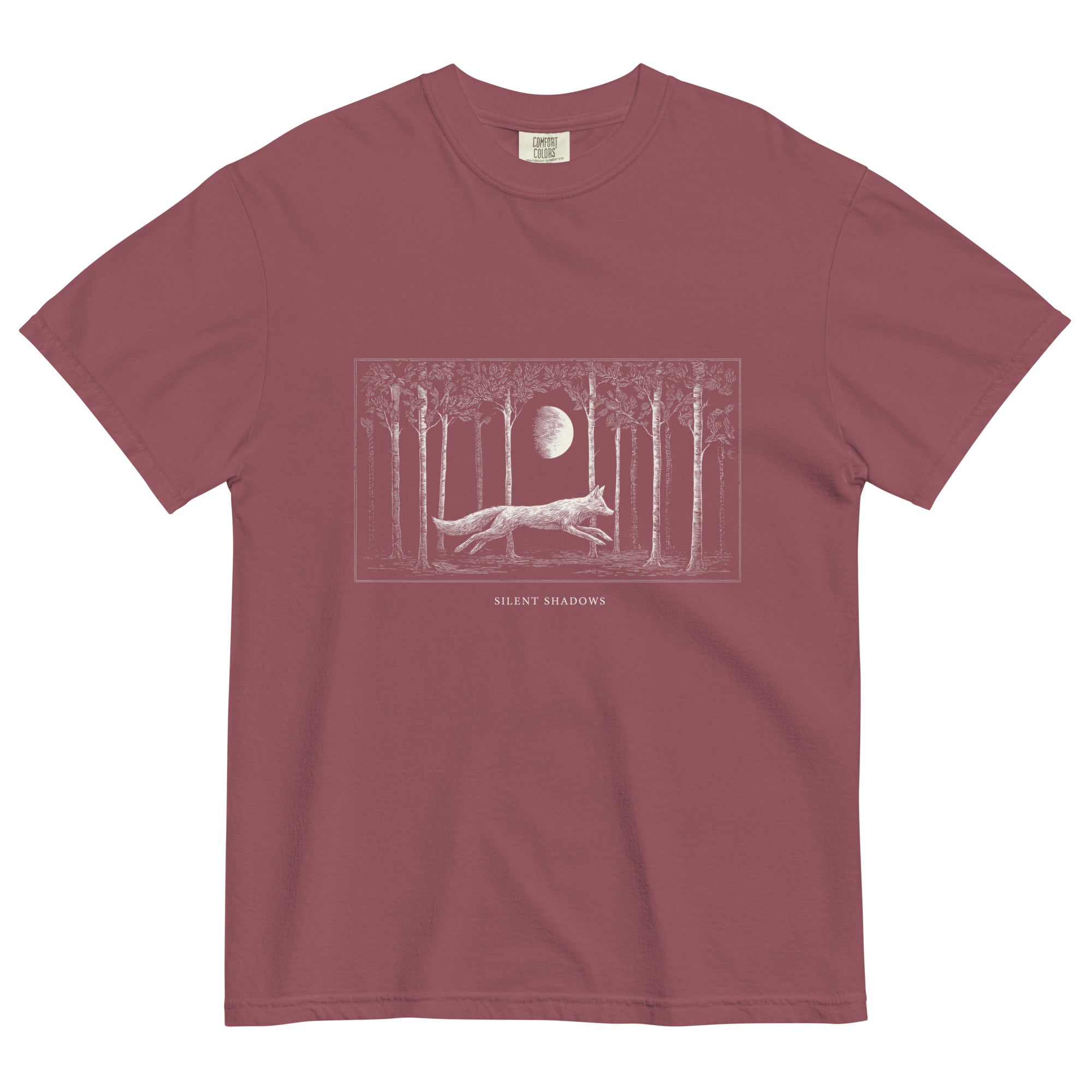 Running fox moonlit forest design on a Brick garment-dyed cotton t-shirt