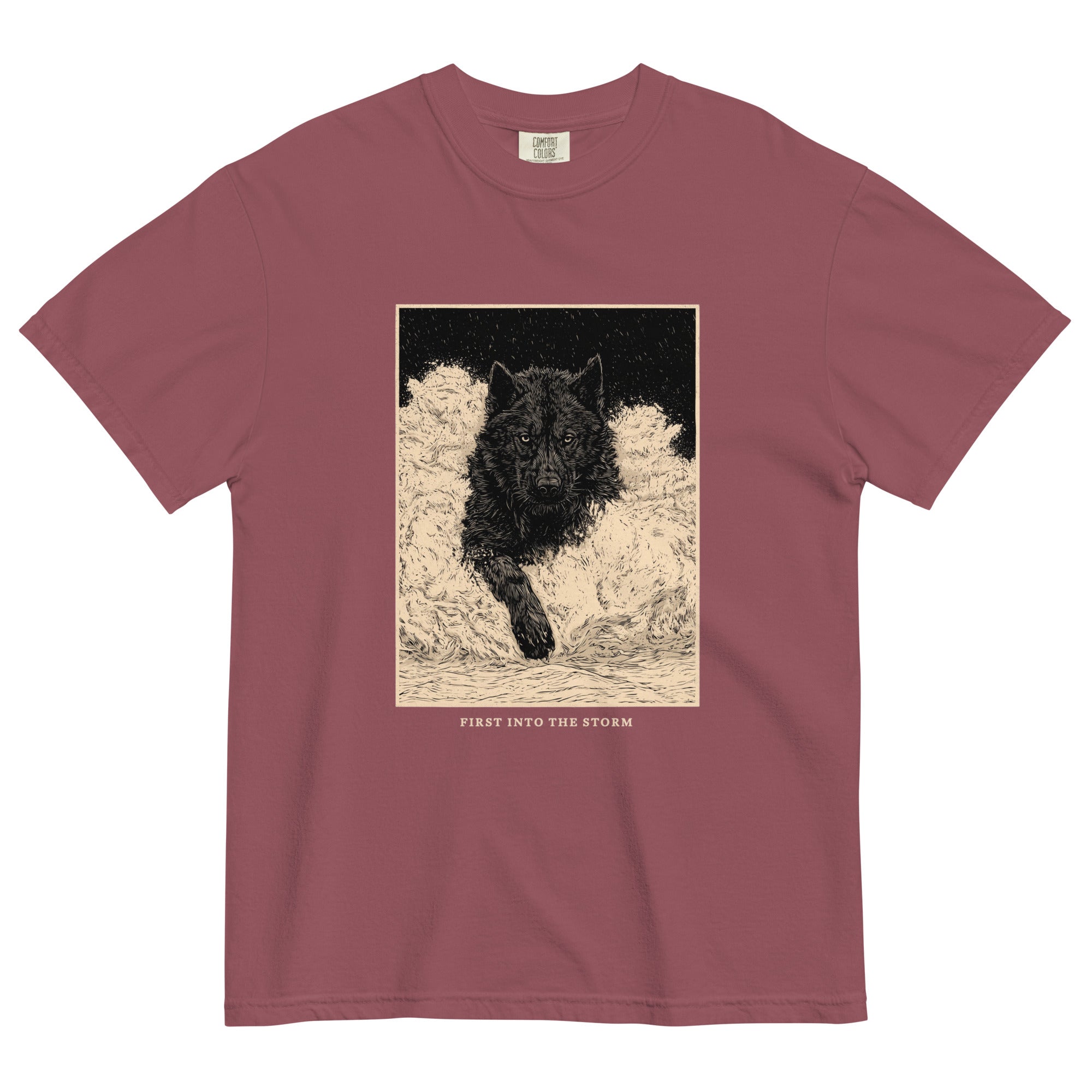 Black wolf in deep snow design on a Brick garment-dyed cotton t-shirt