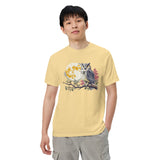 Great horned owl and autumn moon design on a Butter garment-dyed cotton t-shirt
