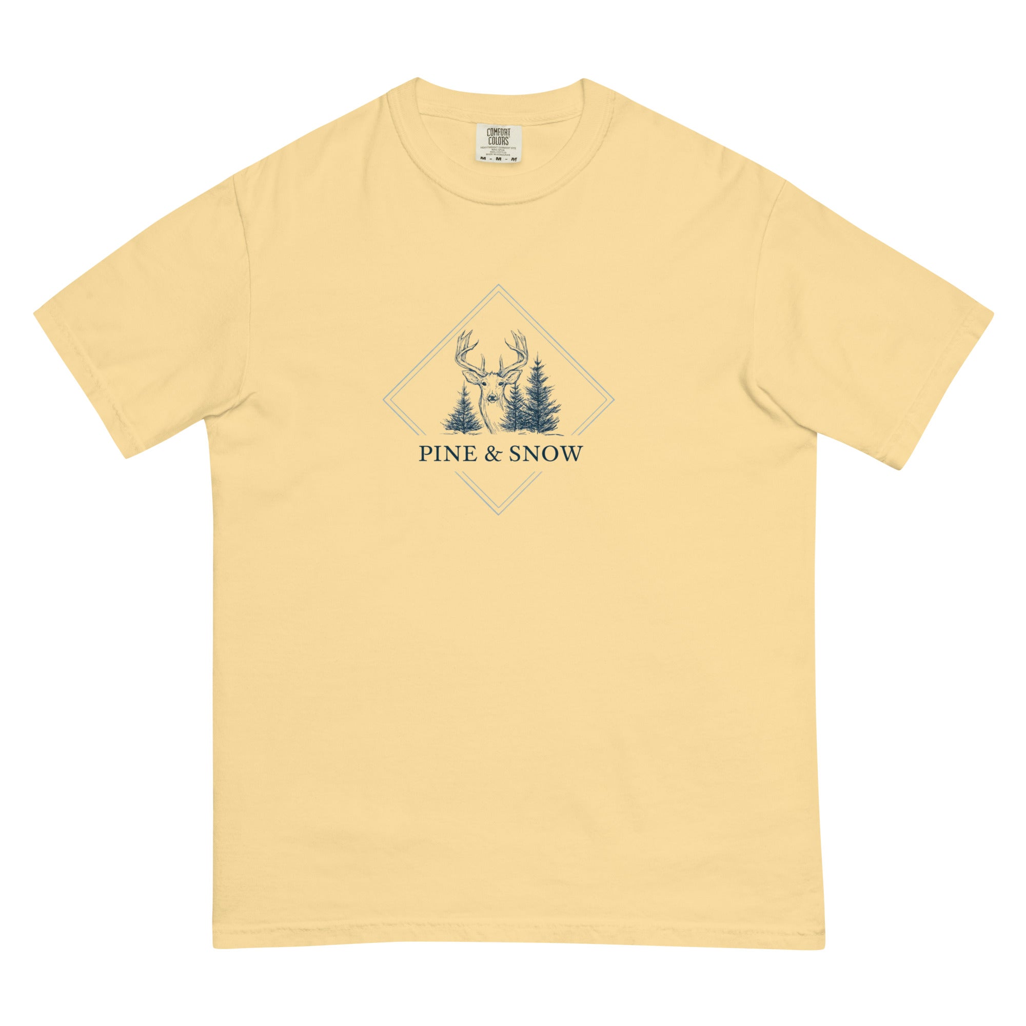 Deer and winter forest design on a Butter garment-dyed cotton t-shirt