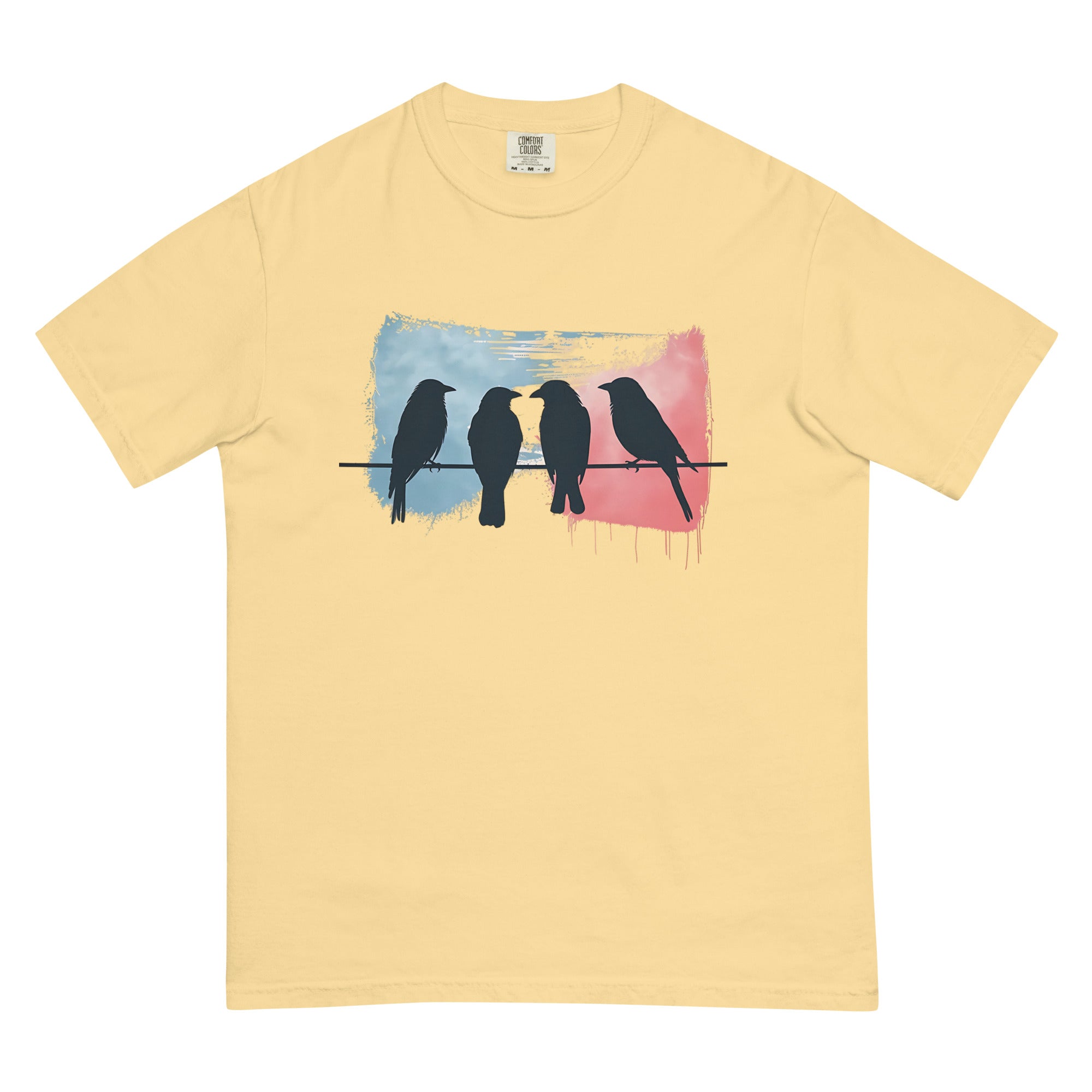 Birds on a wire design on a Butter garment-dyed cotton t-shirt