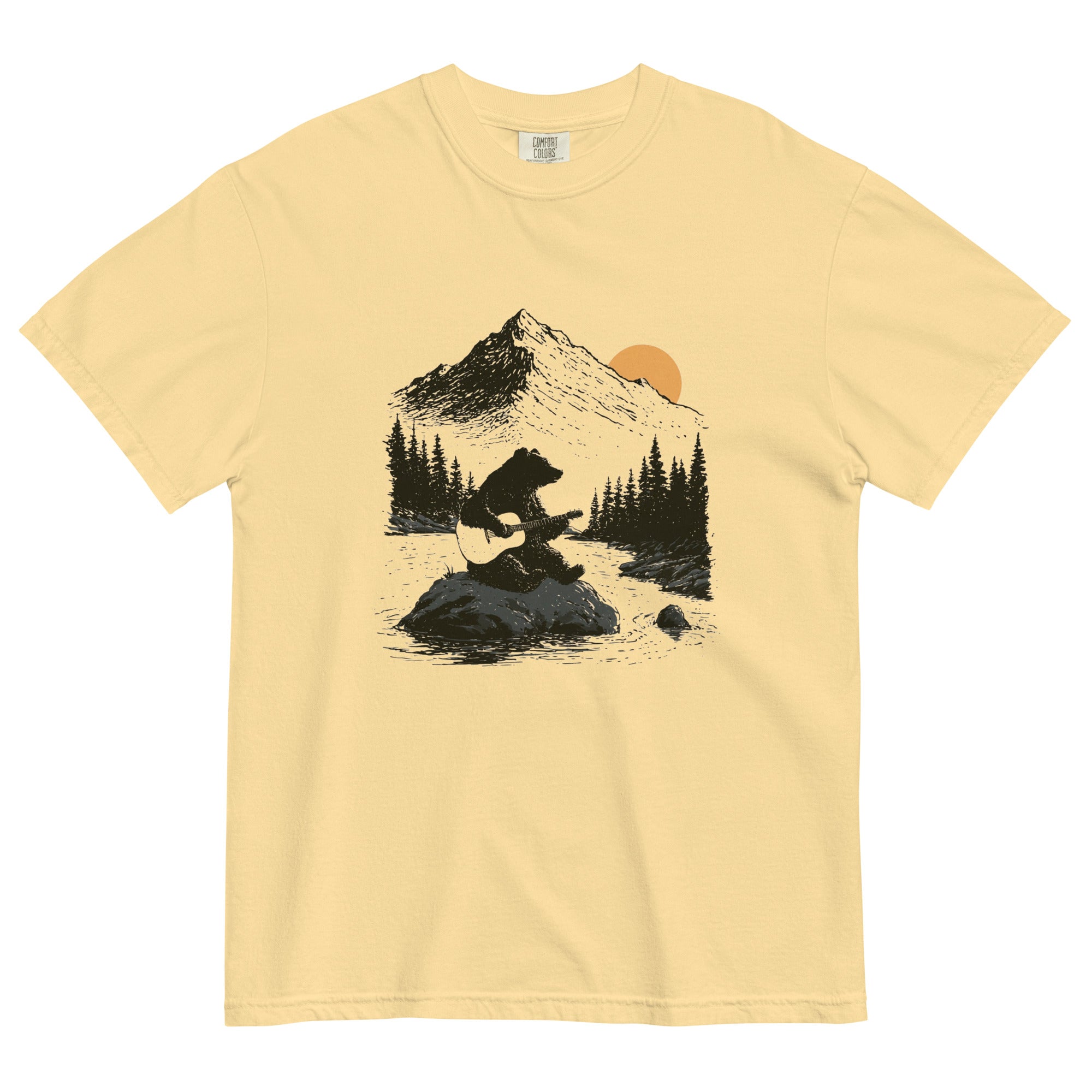 Bear playing guitar design on a Butter garment-dyed cotton t-shirt