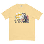 Great horned owl and autumn moon design on a Butter garment-dyed cotton t-shirt