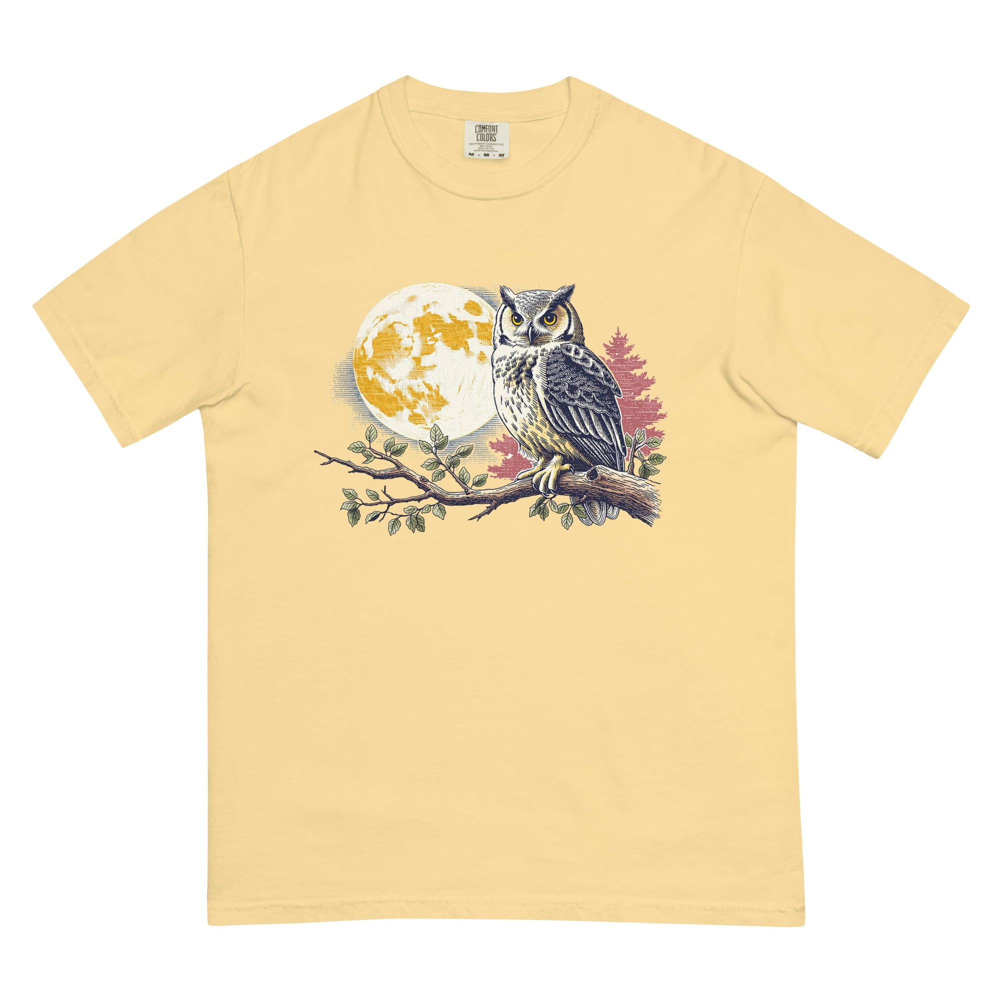 Great horned owl and autumn moon design on a Butter garment-dyed cotton t-shirt