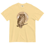 Great horned owl and moon design on a Butter garment-dyed cotton t-shirt