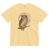 Great horned owl and moon design on a Butter garment-dyed cotton t-shirt