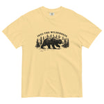 Bear and pine forest wilderness design on a Butter garment-dyed cotton t-shirt