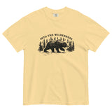 Bear and pine forest wilderness design on a Butter garment-dyed cotton t-shirt